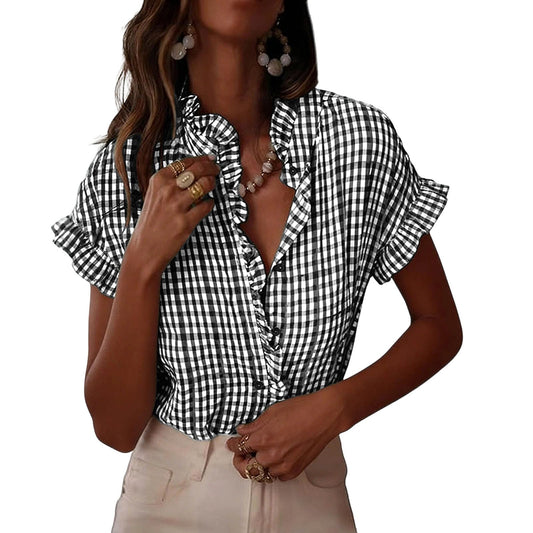 Women's Ruffled V Neck Gingham Short Sleeve Button Down Blouse