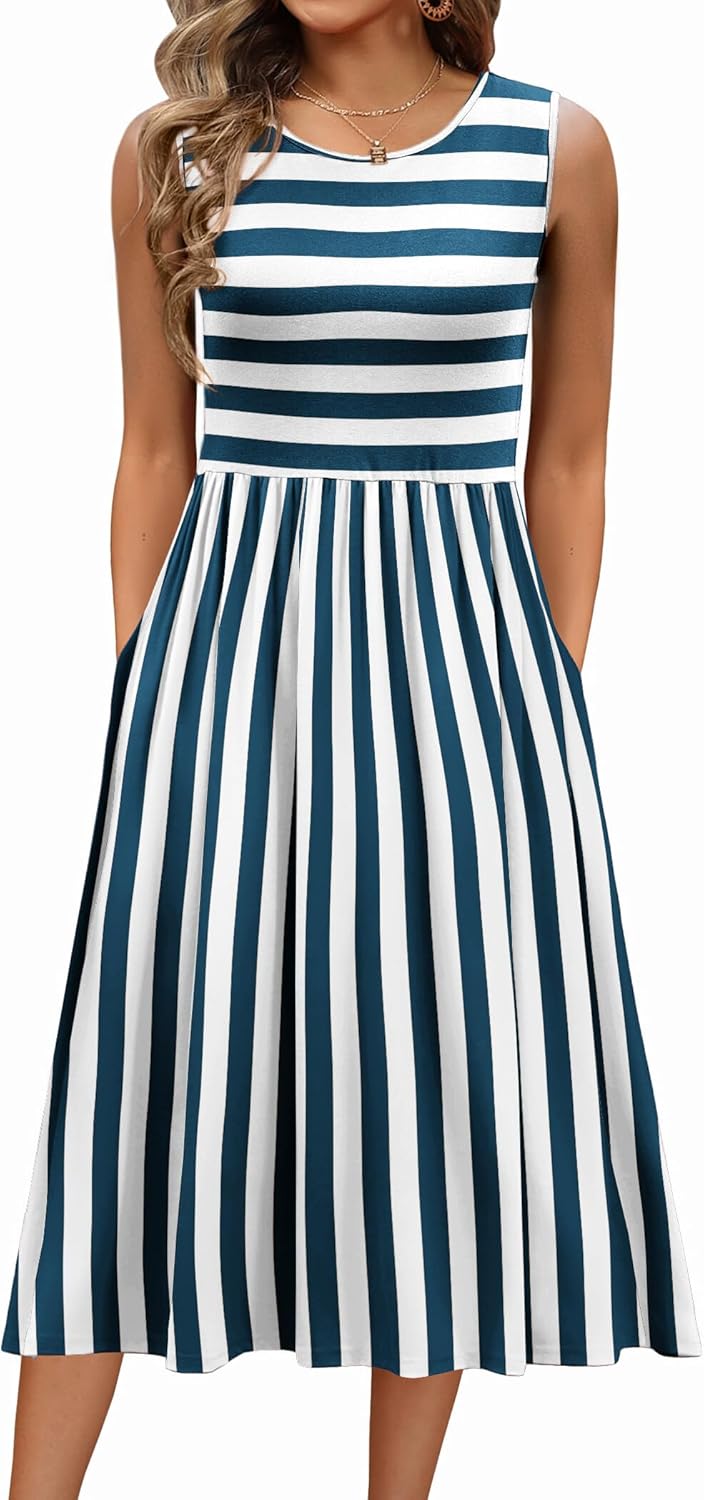 ✨Women's Summer Striped Tank Midi Dress with Pockets