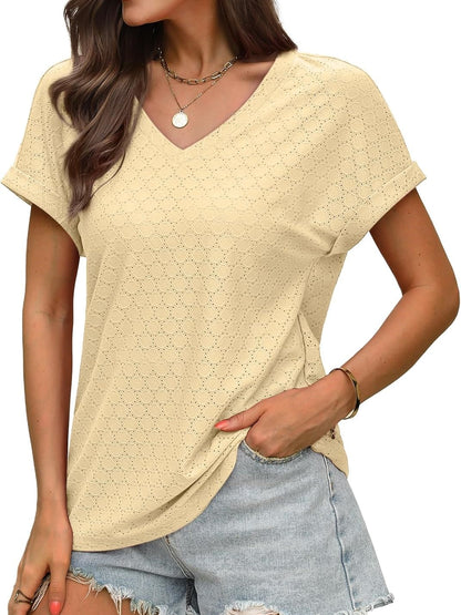 ✨Women's V Neck Eyelet Dressy Casual Basic Short Sleeve Tees