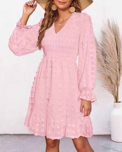 ✨Women's V Neck Casual Smocked Swiss Dot Swing Ruffle Mini Dress
