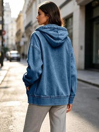 Oversized Zip Up Hooded Denim Jacket