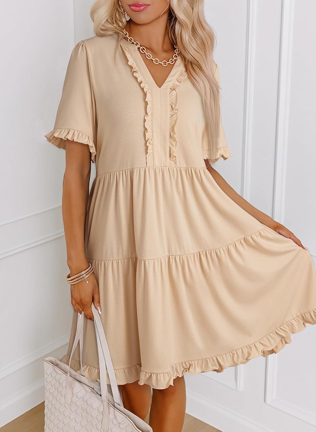 ✨Womens Dresses  V Neck Short Sleeve Casual A Line Flowy Swing Shift Dress