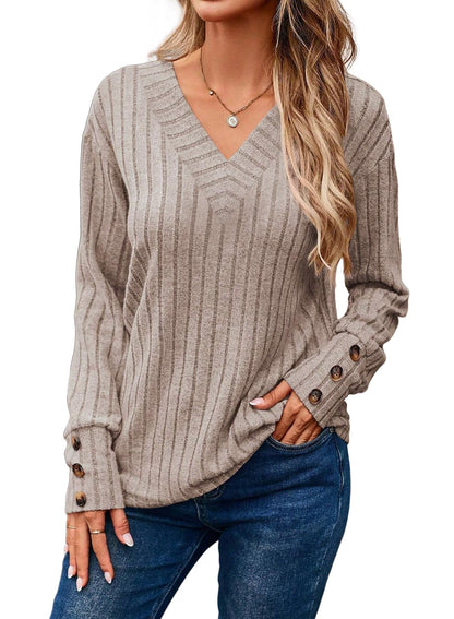 ✨Womens Soft Long Sleeve V Neck Shirts Solid Casual Decorative Buttons Knitted  Tops
