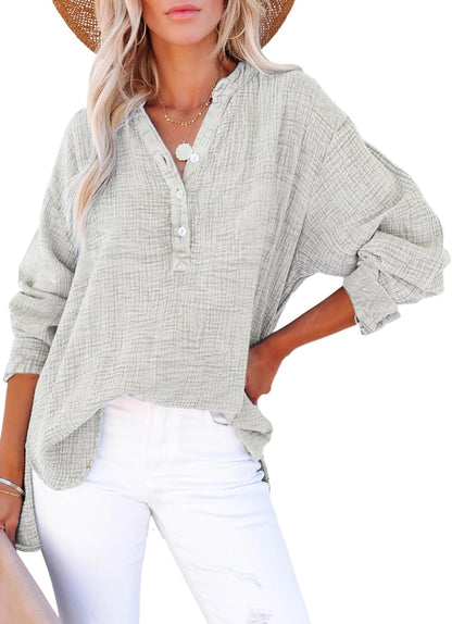 Womens Casual Gauze Button Neck Long Sleeve Oversized BlousesTops