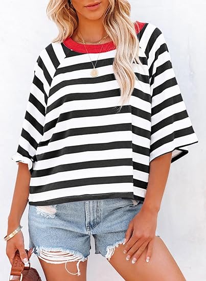 ✨Women's Cute Round Neck Striped Short Sleeve Casual Topb