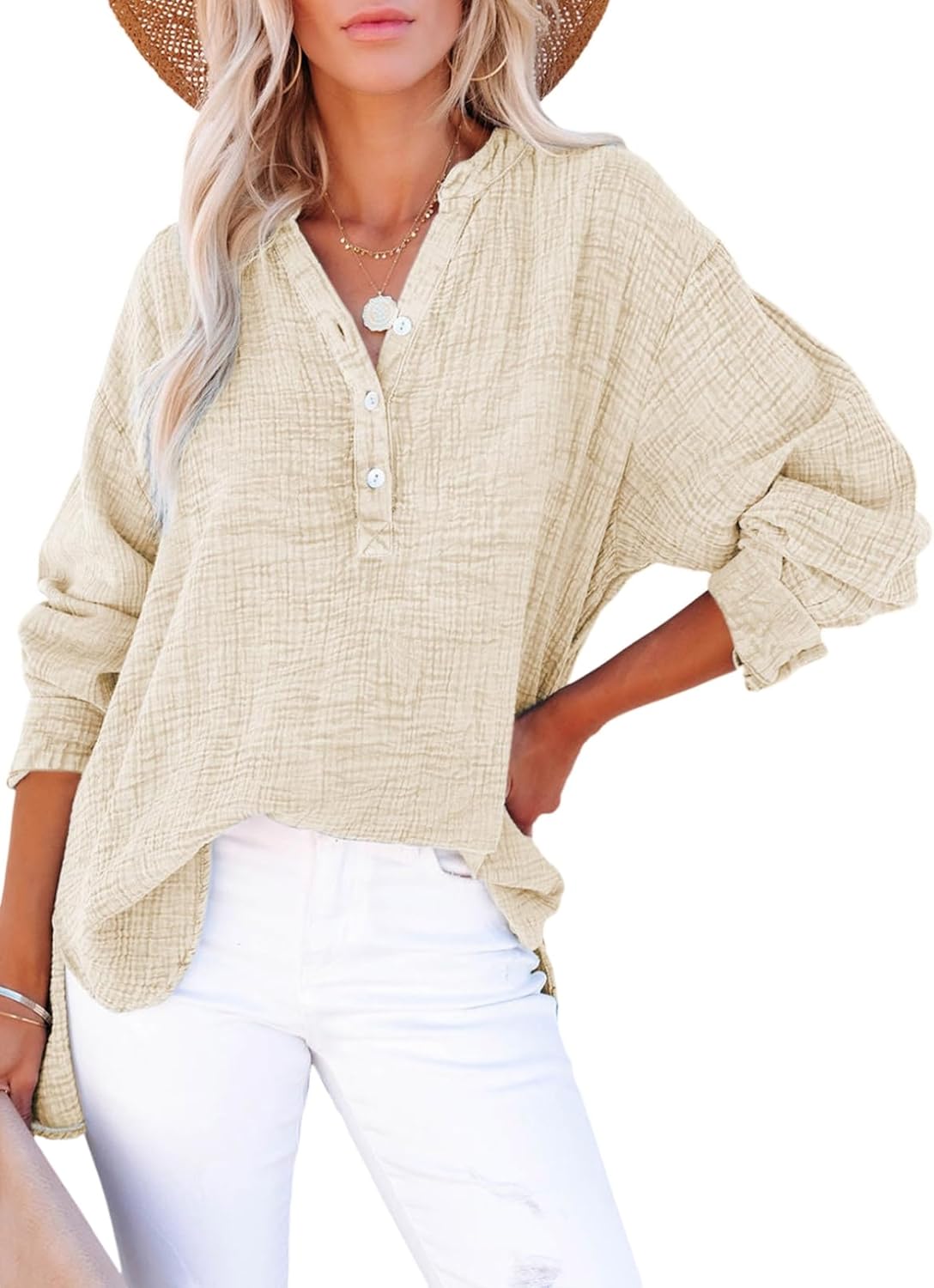 Womens Casual Gauze Button Neck Long Sleeve Oversized BlousesTops