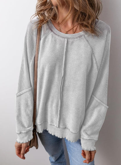 ✨Womens Crewneck Long Sleeve Waffle Knit Sweatshirt