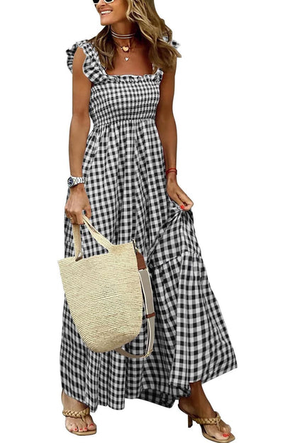 ✨Women's Retro Plaid Smocked Dress Spaghetti Strap Flounce Long Dress