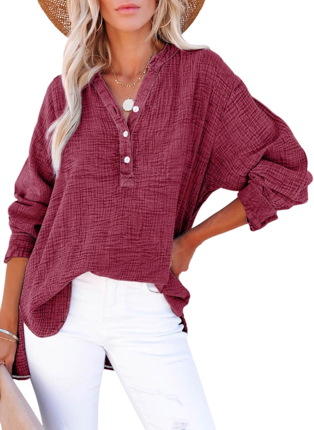 Womens Casual Gauze Button Neck Long Sleeve Oversized BlousesTops