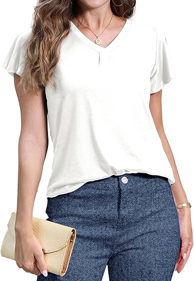 ✨Women's V Neck Ruffle Sleeve Tunic Short Sleeve Blouse Flutter Sleeve Tops