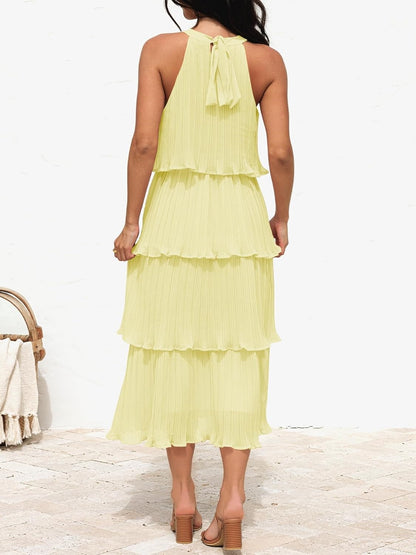 ⏰Hot Sale-Women's Summer Halter Neck Ruffle Tiered Layered Chiffon Flowy Swing Midi Dress