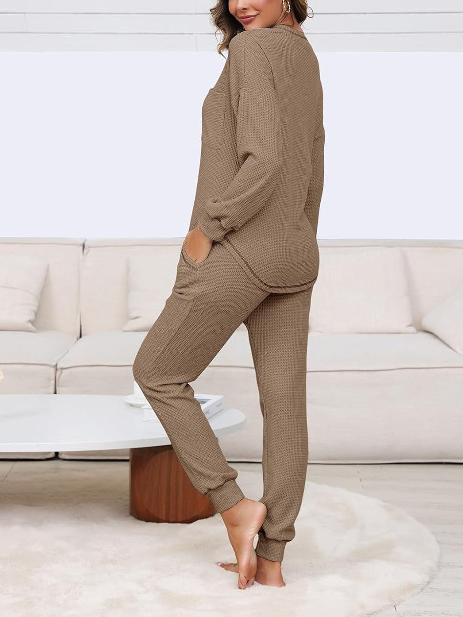 ✨V Neck Waffle Knit Sleepwear Top and Pant Lounge Sets