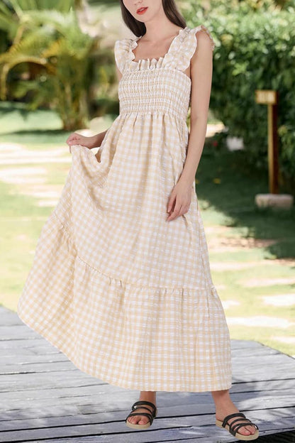 ✨Women's Retro Plaid Smocked Dress Spaghetti Strap Flounce Long Dress