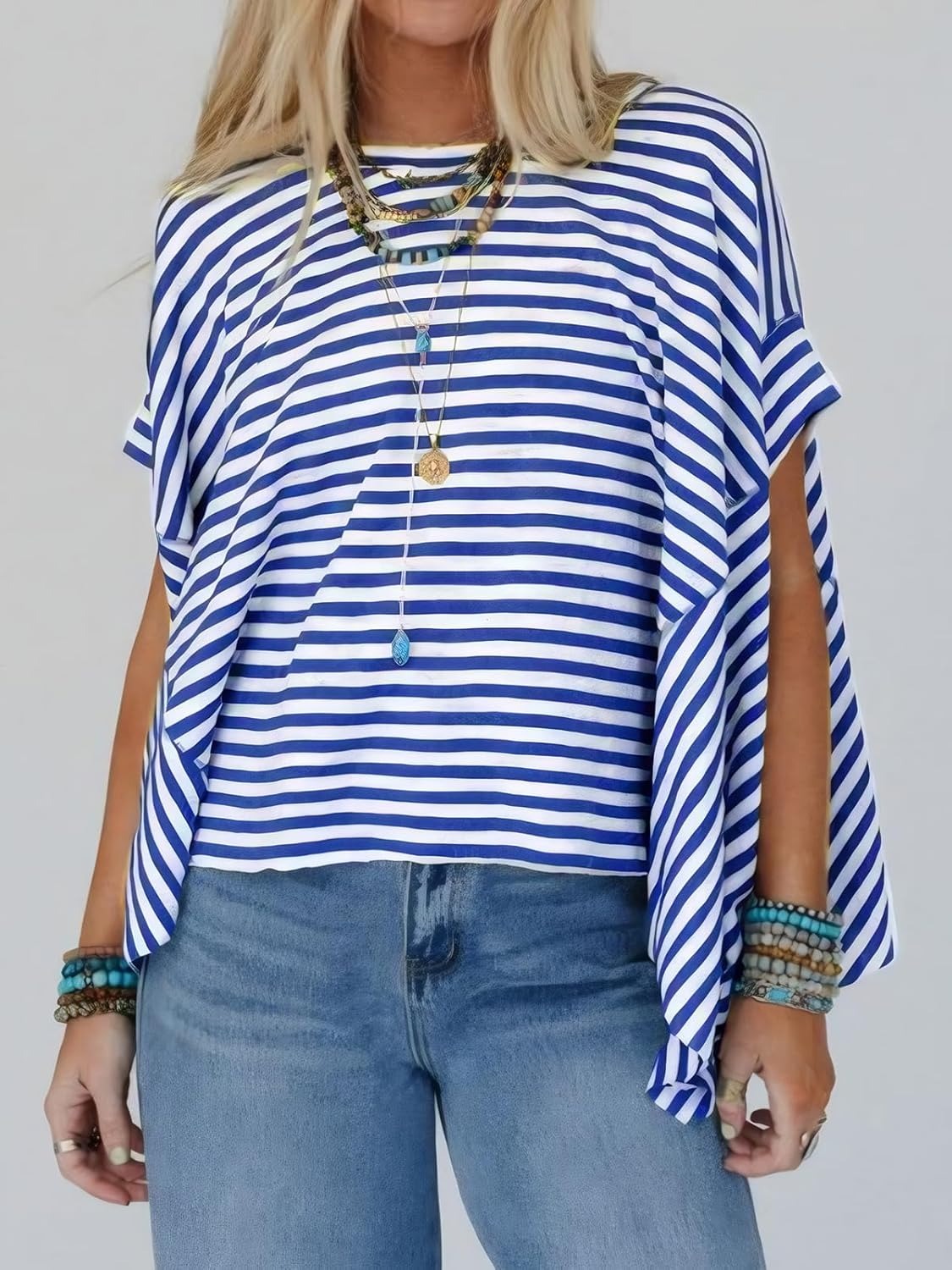 ✨Womens Oversized Striped Irregular Hem Batwing Short Sleeve Tee