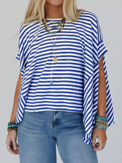 ✨Womens Oversized Striped Irregular Hem Batwing Short Sleeve Tee
