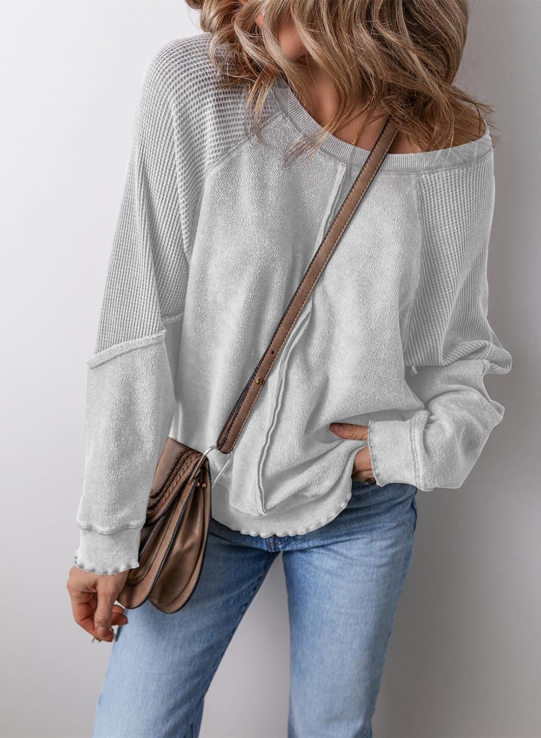 ✨Womens Crewneck Long Sleeve Waffle Knit Sweatshirt