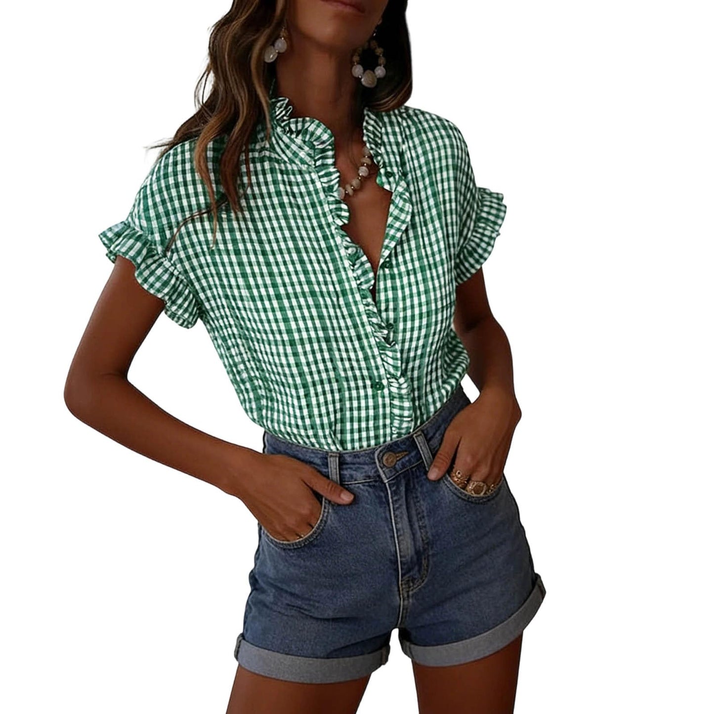 Women's Ruffled V Neck Gingham Short Sleeve Button Down Blouse
