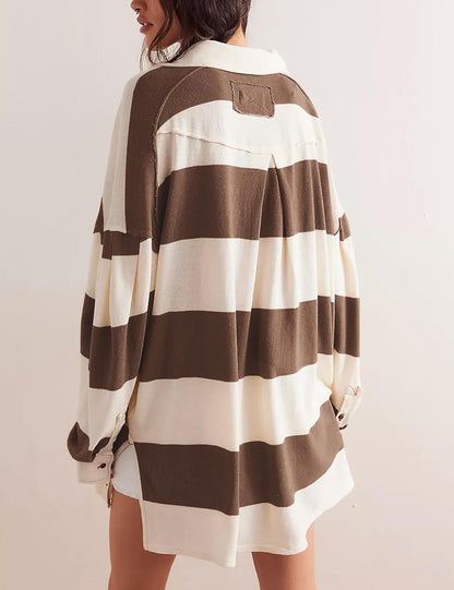 Women's Oversized Long Sleeve Button Striped Pullover
