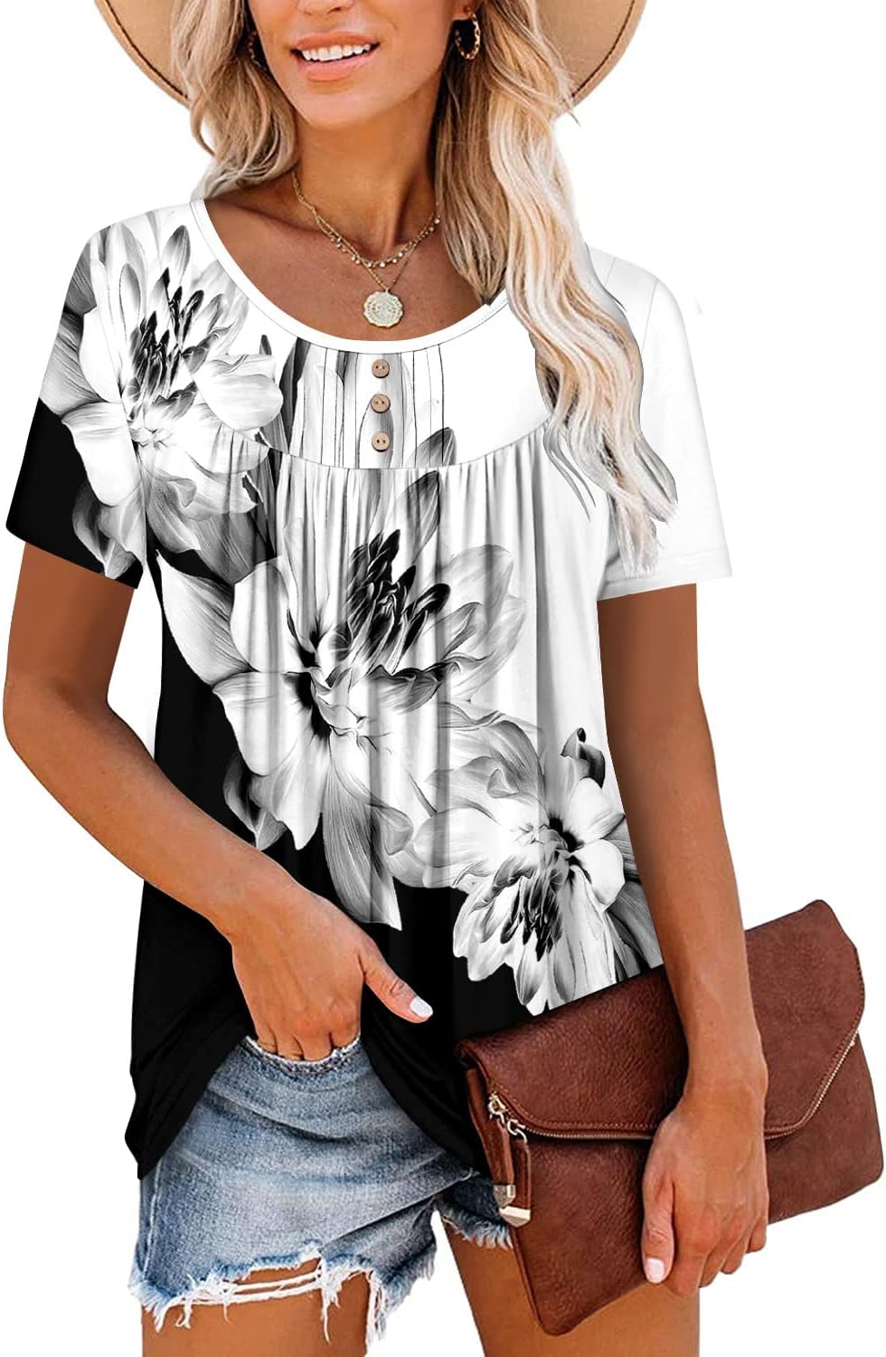 ⏰Hot Sale-Women's Summer Printed Pleated Crew Neck Tee