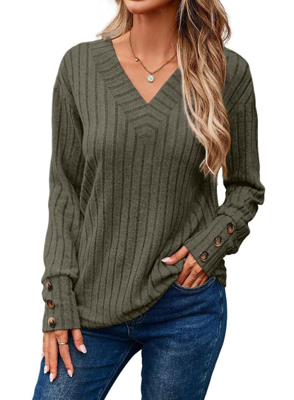 ✨Womens Soft Long Sleeve V Neck Shirts Solid Casual Decorative Buttons Knitted  Tops