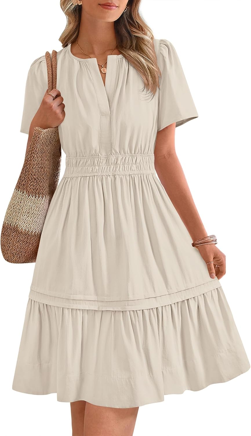 ✨Women's Casual V Neck  Sundress Smocked Waist A Line Tiered Mini Dress