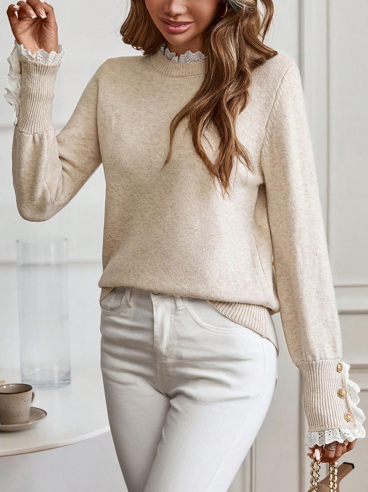 ✨Women's Long Sleeve Knitted Button Lace Trim Sweater