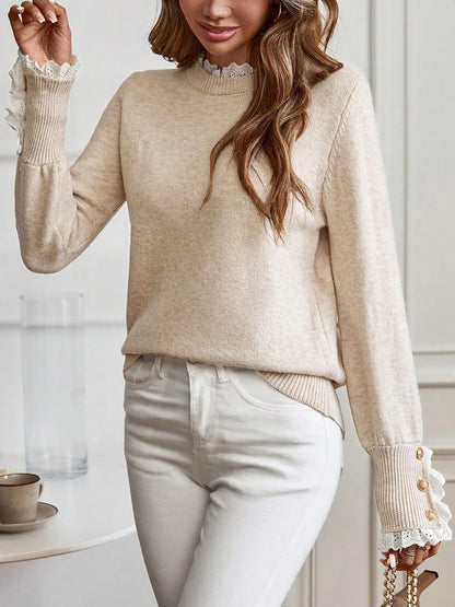 ✨Women's Long Sleeve Knitted Button Lace Trim Sweater