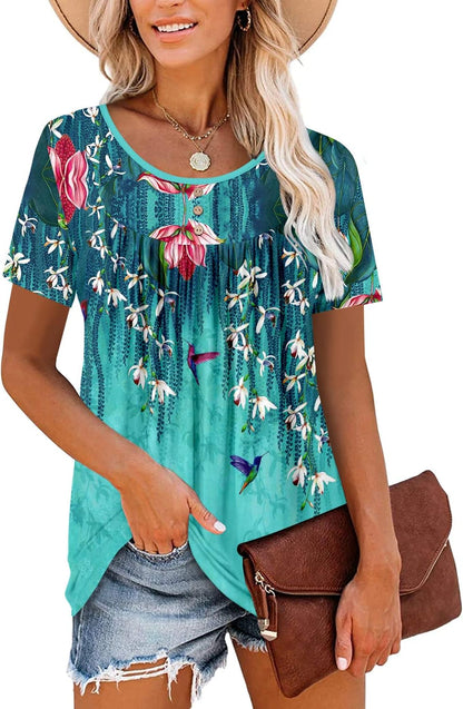 ⏰Hot Sale-Women's Summer Printed Pleated Crew Neck Tee