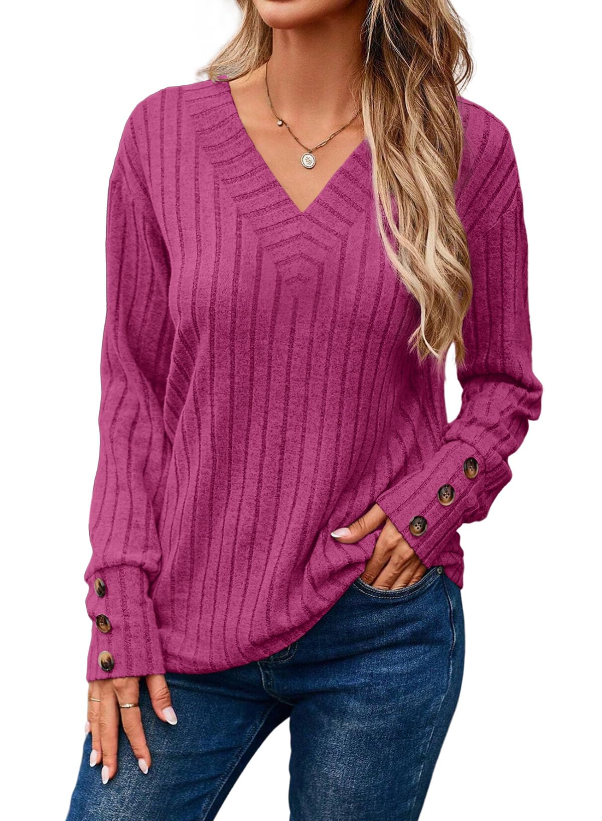 ✨Womens Soft Long Sleeve V Neck Shirts Solid Casual Decorative Buttons Knitted  Tops
