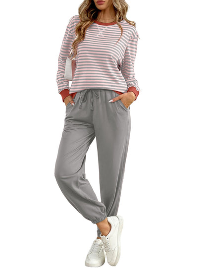 ✨Women's Cozy Striped Color Block Long Sleeve Tops Jogger Sweatpants 2 Piece Outfits
