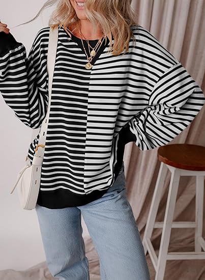 Hot Sale Womens Oversized Sweatshirts Striped Color Block Crewneck Sweatshirt
