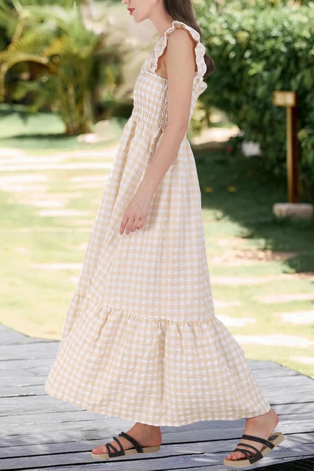 ✨Women's Retro Plaid Smocked Dress Spaghetti Strap Flounce Long Dress