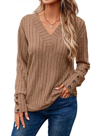 ✨Womens Soft Long Sleeve V Neck Shirts Solid Casual Decorative Buttons Knitted  Tops