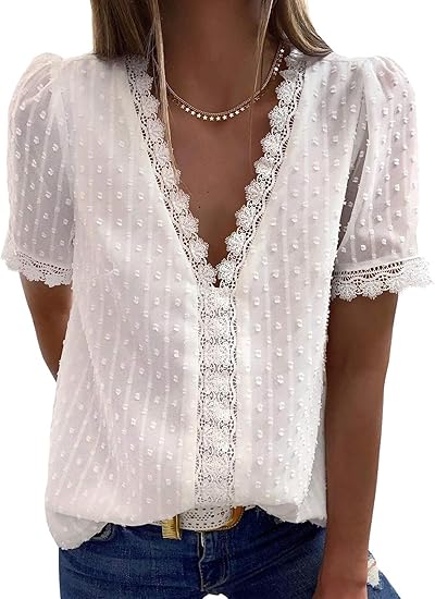 ✨Hot Sale-Women's V Neck Lace Crochet Tunic Tops Flowy Casual Shirts