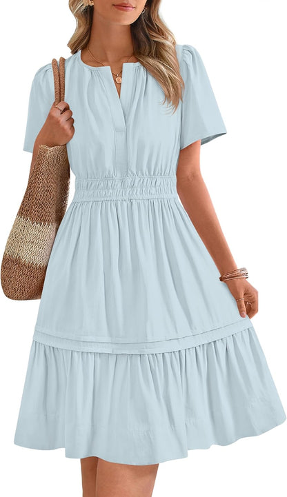 ✨Women's Casual V Neck  Sundress Smocked Waist A Line Tiered Mini Dress