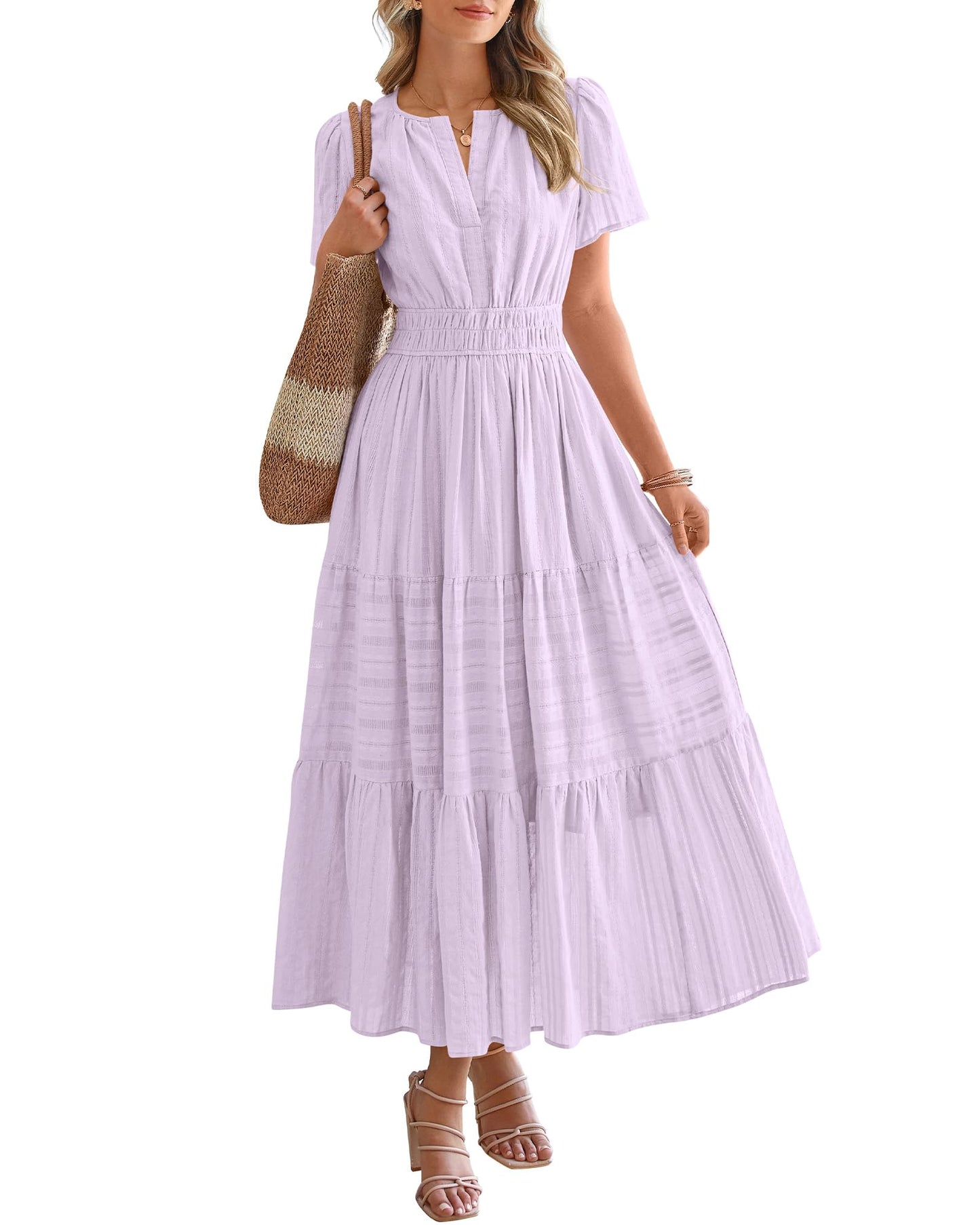 Women's Lightweight Short Sleeve V Neck Elastic Waist Dresses