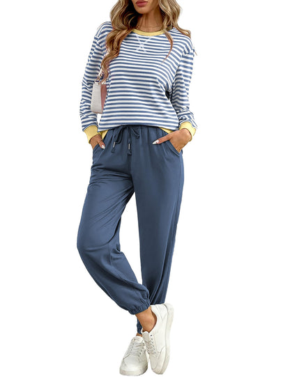 ✨Women's Cozy Striped Color Block Long Sleeve Tops Jogger Sweatpants 2 Piece Outfits