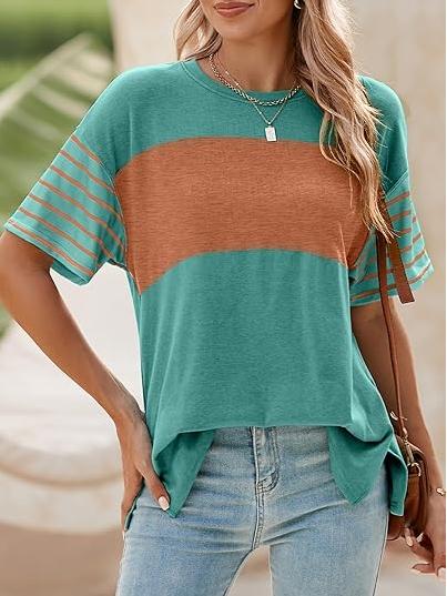 ✨Womens Oversized Crewneck Casual Color Block Striped Shirts Blouses