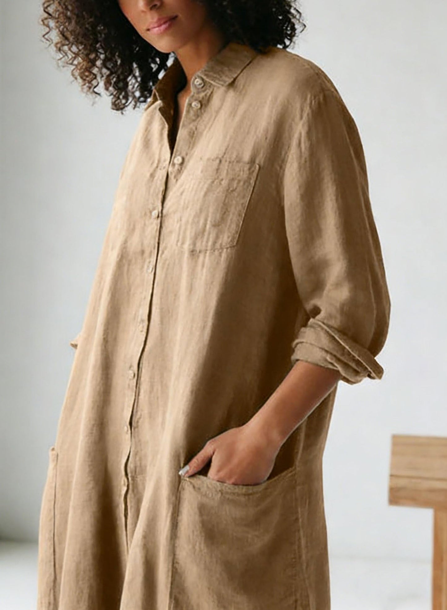 Women's Linen Button Down Long Sleeve Wide Leg Jumpsuit