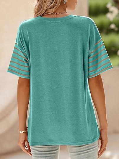 ✨Womens Oversized Crewneck Casual Color Block Striped Shirts Blouses