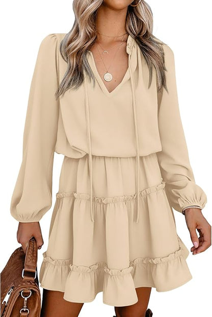 ✨Women's Tie Neck High Waist Layered Ruffle Waist Mini Dress