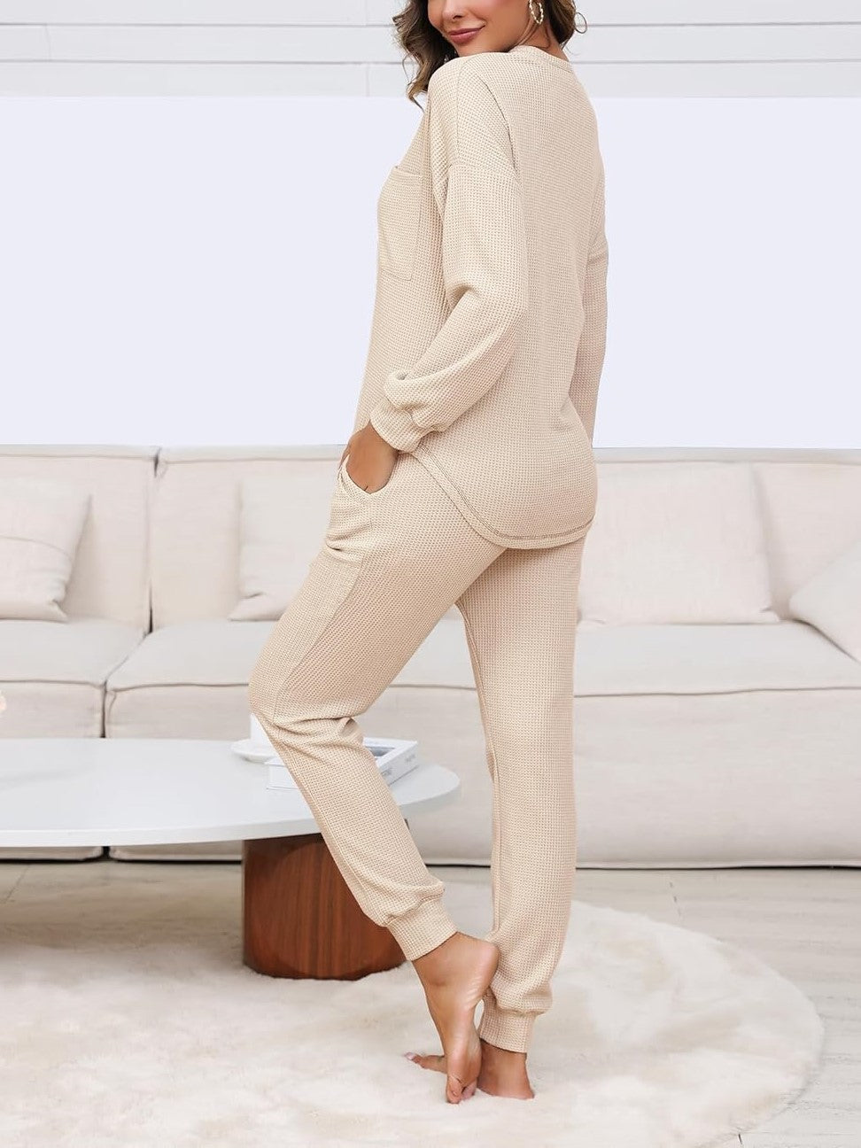 ✨V Neck Waffle Knit Sleepwear Top and Pant Lounge Sets