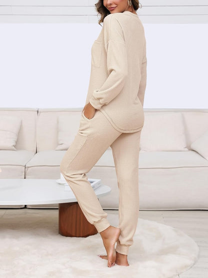 ✨V Neck Waffle Knit Sleepwear Top and Pant Lounge Sets