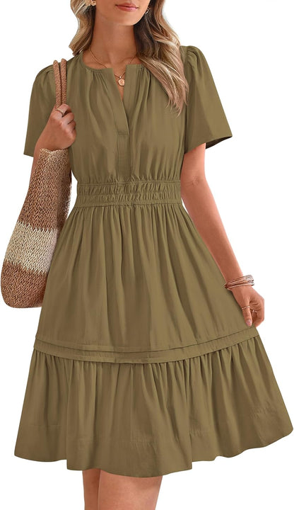 ✨Women's Casual V Neck  Sundress Smocked Waist A Line Tiered Mini Dress