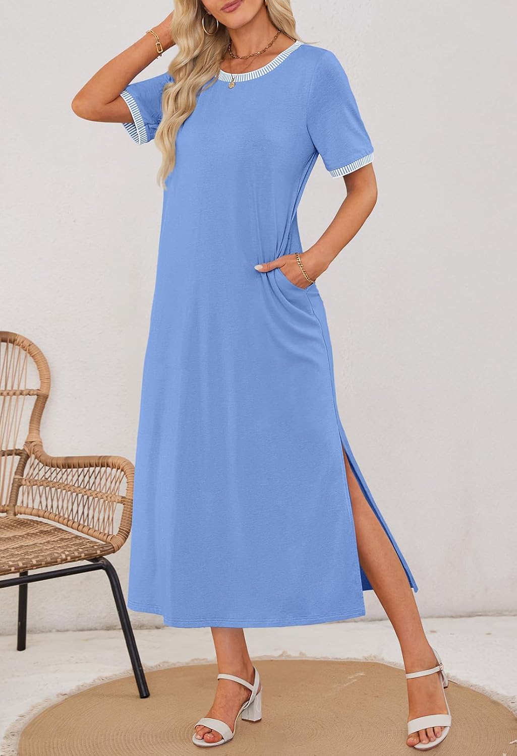 ✨Women's Summer Short-sleeved Round Neck Slit Casual Dress