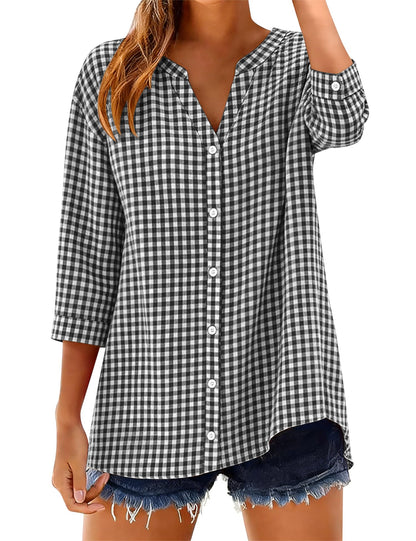 Women's Cotton 3/4 Sleeve Button Down Gingham Shirts