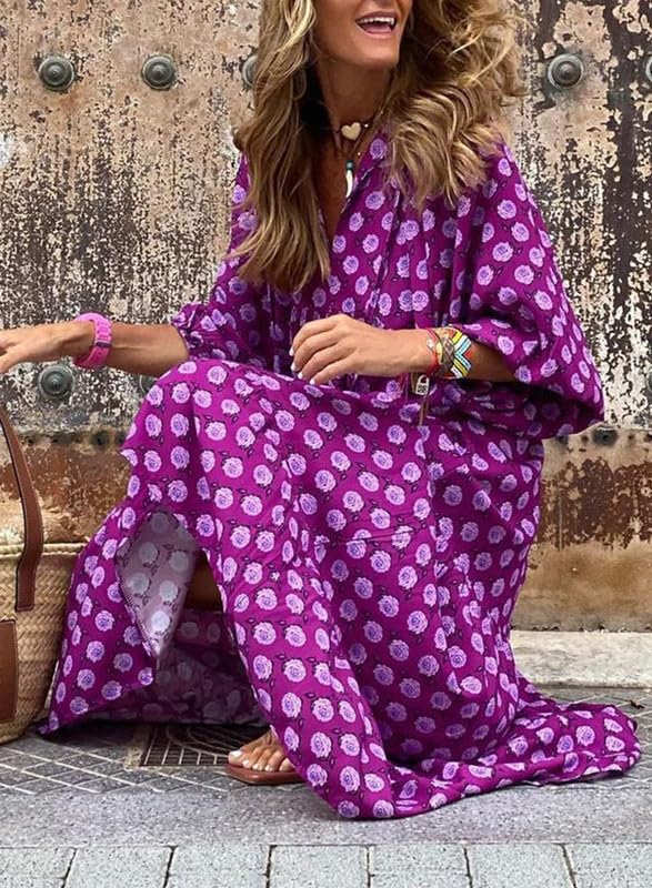 ✨Women's Puff Sleeve Floral Boho Maxi Dress