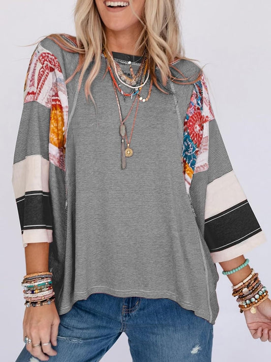 ✨Women's Casual Striped Floral Print Patchwork Oversized 3/4 Sleeve Top