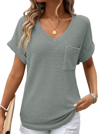 ✨Women's Oversized Waffle V Neck Short Sleeve Casual Top