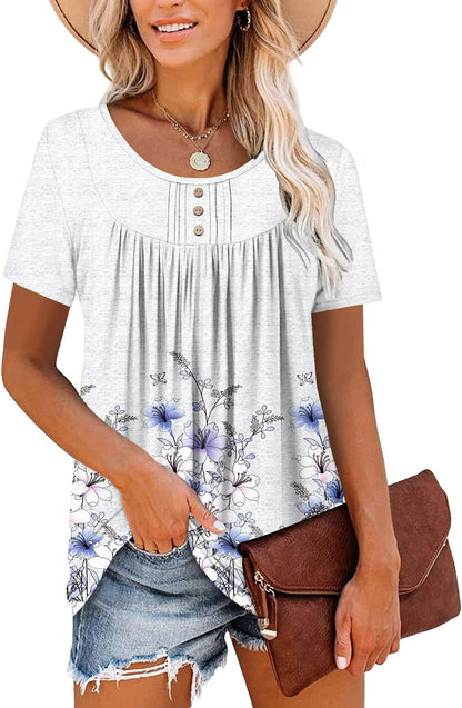 ⏰Hot Sale-Women's Summer Printed Pleated Crew Neck Tee